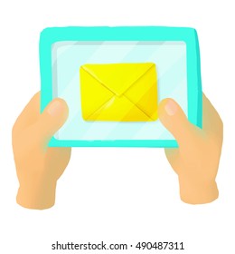 Hands holding a tablet with letter icon in cartoon style isolated on white background. Communication symbol vector illustration