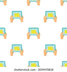 Hands holding a tablet with letter pattern seamless background texture repeat wallpaper geometric vector