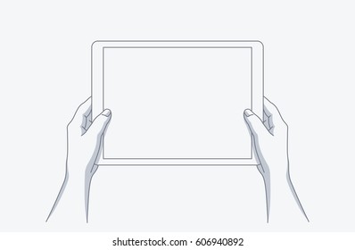 Hands holding a tablet. Line art modern vector illustration. Template for your design.