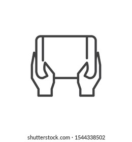 Hands holding tablet line icon. linear style sign for mobile concept and web design. Using tablet gadget outline vector icon. Symbol, logo illustration. Vector graphics