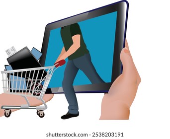 Hands holding tablet with man pushing shopping cart full of electronics coming out from screen, online shopping concept