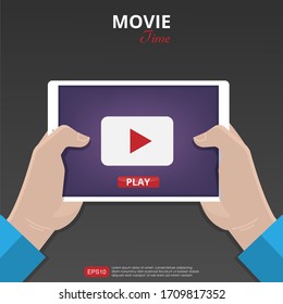 Hands Holding Tablet. Man Watch Online Movie At His Tablet Screen Concept. Cinema Time Template, Vector Illustration