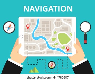 Hands holding a tablet with map navigation. Finding the way concept in flat design. Vector illustration.