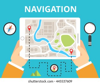 Hands holding a tablet with map navigation. Finding the way concept in flat design. Vector illustration.
