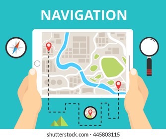 Hands holding a tablet with map navigation. Finding the way concept in flat design. Vector illustration.