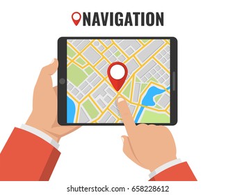 Hands holding tablet with map navigation. Finding the way concept. Flat vector illustration.
