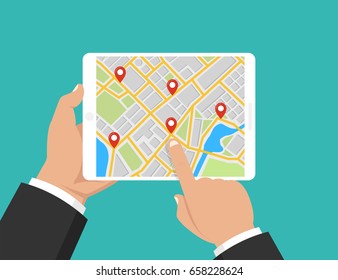 Hands holding tablet with map navigation. Finding the way concept. Flat vector illustration.