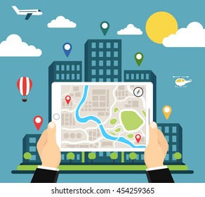 Hands holding a tablet with mobile gps navigation. Finding the way concept. City on the background. Flat vector illustration.