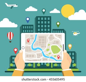 Hands holding a tablet with mobile gps navigation. Finding the way concept. City on the background. Flat vector illustration.
