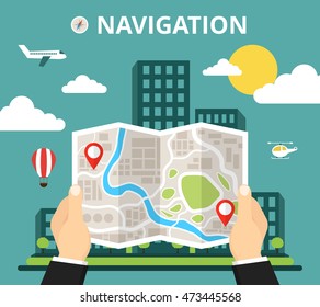 Hands holding a tablet with mobile gps navigation. Finding the way concept. City on the background. Flat vector illustration.