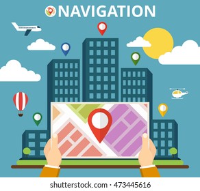 Hands holding a tablet with mobile gps navigation. Finding the way concept. City on the background. Flat vector illustration.