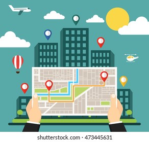 Hands holding a tablet with mobile gps navigation. Finding the way concept. City on the background. Flat vector illustration.