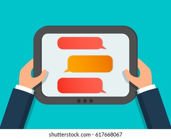 Hands holding tablet with mobile messaging app. EPS10 vector illustration in flat style.