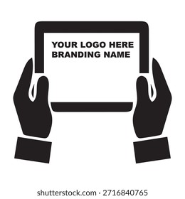 Hands Holding Tablet Mockup Icon. Digital Branding, Presentation, and Technology Symbol.