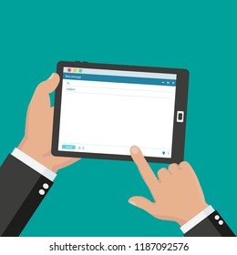 Hands holding tablet with new e-mail window in it. Vector flat illustration