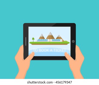hands holding the tablet on a blue background, a train with landscape on screen, online ticketing concept, vector illustration in flat style