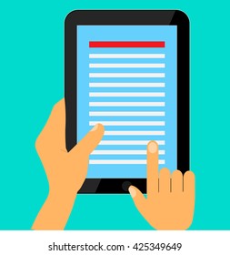 Hands holding the tablet on a light background. Vector illustration in a flat style for websites, brochures