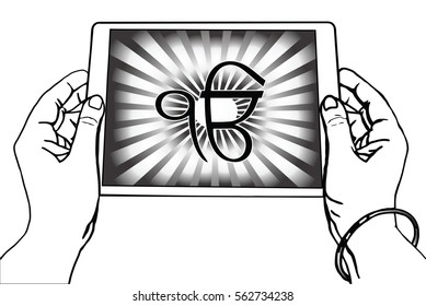 Hands holding a tablet on which the Ek Onkar is the symbol of Sikhism. Black-and-white gradient rays, a transparent background.