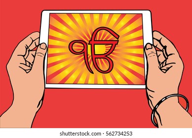Hands holding a tablet on which the Ek Onkar is the symbol of Sikhism. Red and gold gradient rays, red background.