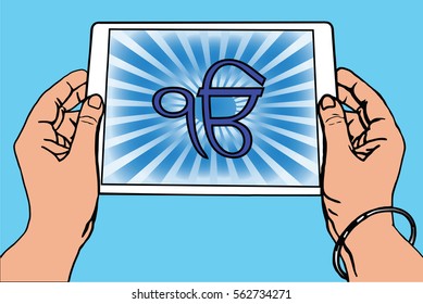 Hands holding a tablet on which the Ek Onkar is the symbol of Sikhism. Gradient blue rays, blue background.