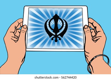 Hands holding a tablet on which the Khanda is the symbol of Sikhism. Gradient blue rays, blue background.