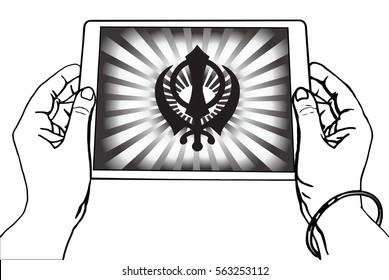 Hands holding a tablet on which the Khanda is the symbol of Sikhism. Black-and-white gradient rays, a transparent background.