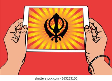 Hands holding a tablet on which the Khanda is the symbol of Sikhism. Red and gold gradient rays, red background.