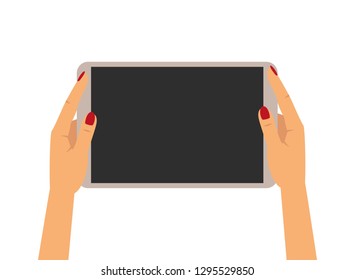 Hands holding tablet on white background. Vector illustration.