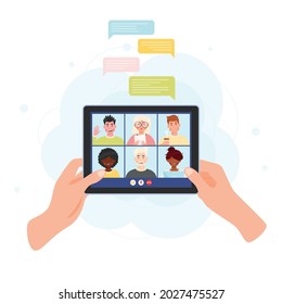 Hands holding tablet with online meeting conference chat. Video chat concept with notification bubbles. Vector illustration.