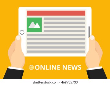 Hands holding tablet with online news on the screen. Mobile content concept. Flat vector illustration.