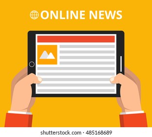 Hands holding tablet with online news on the screen. Mobile content concept. Flat vector illustration.