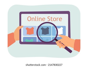Hände, die Tablet mit Online-Shop auf dem Bildschirm. Person, die Kleidung durch Lupe anschaut, Einkaufen online, flache Vektorgrafik. Shop-Konzept für Banner, Website-Design oder Landing-Website