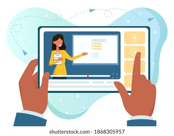 Hands holding tablet with online training. Concept of watching online lesson or training right on your mobile device. Flat cartoon vector illustration