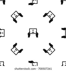 Hands holding tablet pattern repeat seamless in black color for any design. Vector geometric illustration
