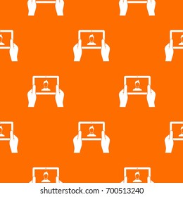 Hands holding tablet pattern repeat seamless in orange color for any design. Vector geometric illustration