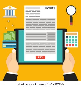 Hands holding a tablet with paying taxes online. Finding the way concept.