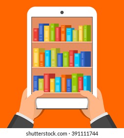 Hands holding tablet pc with books on the screen. Mobile reading concept. Vector flat illustration