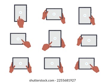 manos sosteniendo un tablet PC horizontal y verticalmente mientras se observa un vídeo. Estilo de dibujos animados Doodle.