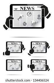 Hands holding tablet pc with news. Vector illustration