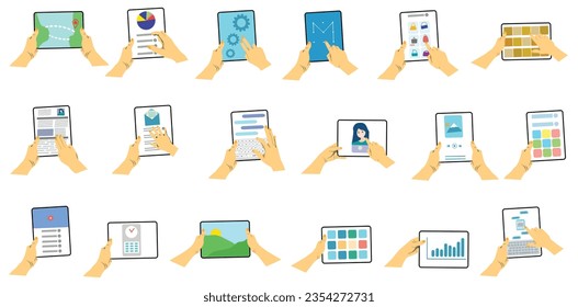 Hände, die ein Tablettenset halten. Griffer berühren, Tippen, Scrollen Tab-Bildschirme, mit Anwendungen. Menschen, die mit Touchpad umgehen. Farbige Vektorgrafiken einzeln auf weißem Hintergrund