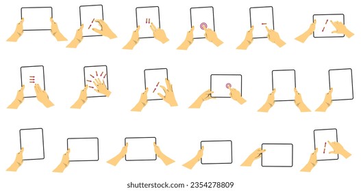 Hands holding tablet pc set. People handling with touch pad. Fingers touching, tapping, scrolling tab screens, using applications. Touchpad vector illustrations isolated on white background