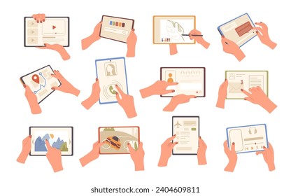 Hands holding tablet pc using different application for work, navigation and communication set