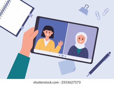 Hands holding tablet pc with video conference on screen horizontal illustration