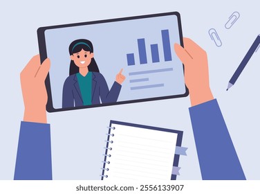 Hands holding tablet pc with video conference on screen horizontal vector illustration