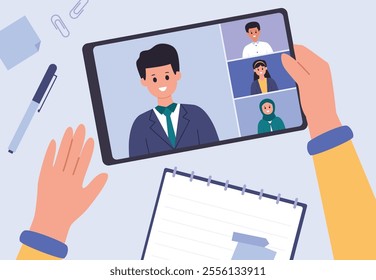 Hands holding tablet pc with video conference on screen horizontal vector illustration