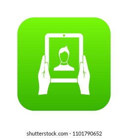 Hands holding a tablet with photo icon digital green for any design isolated on white vector illustration