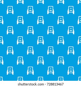 Hands holding a tablet with photo pattern repeat seamless in blue color for any design. Vector geometric illustration