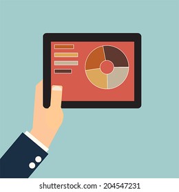 Hands holding tablet with pie graph, vector