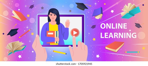 Hands holding a tablet and playing the video with a teacher, flying books, graduation caps. Online education, courses, training, e-learning, distance learning.  Cartoon vector illustration.