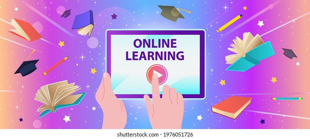 Hands holding a tablet and playing the video with flying books, graduation caps. Online education, courses, training, e-learning, distance learning.  Cartoon vector illustration.